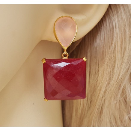 Gold gilded earrings with ruby ​​and pink chalcedone