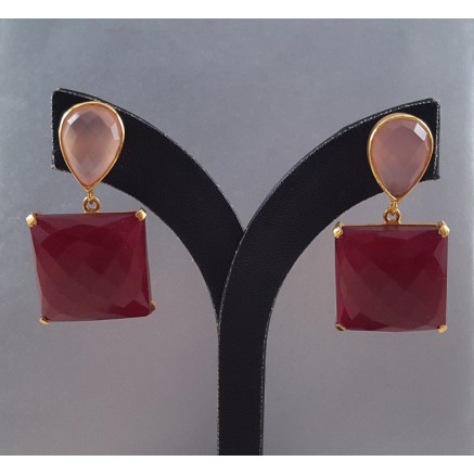 Gold gilded earrings with ruby ​​and pink chalcedone