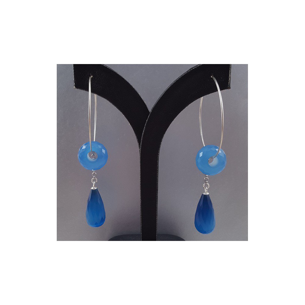 Silver Creoles With Blue Chalcedone and Blue Cat Eye Briolet