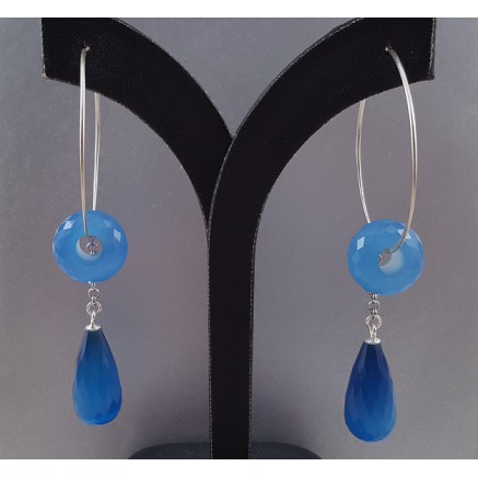 Silver Creoles With Blue Chalcedone and Blue Cat Eye Briolet