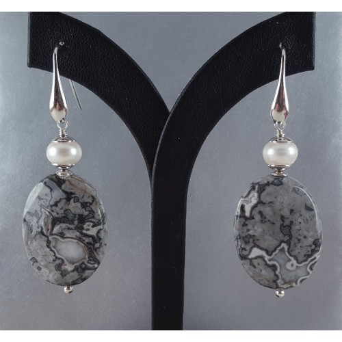 Silver earrings with oval jasper and freshwater pearl