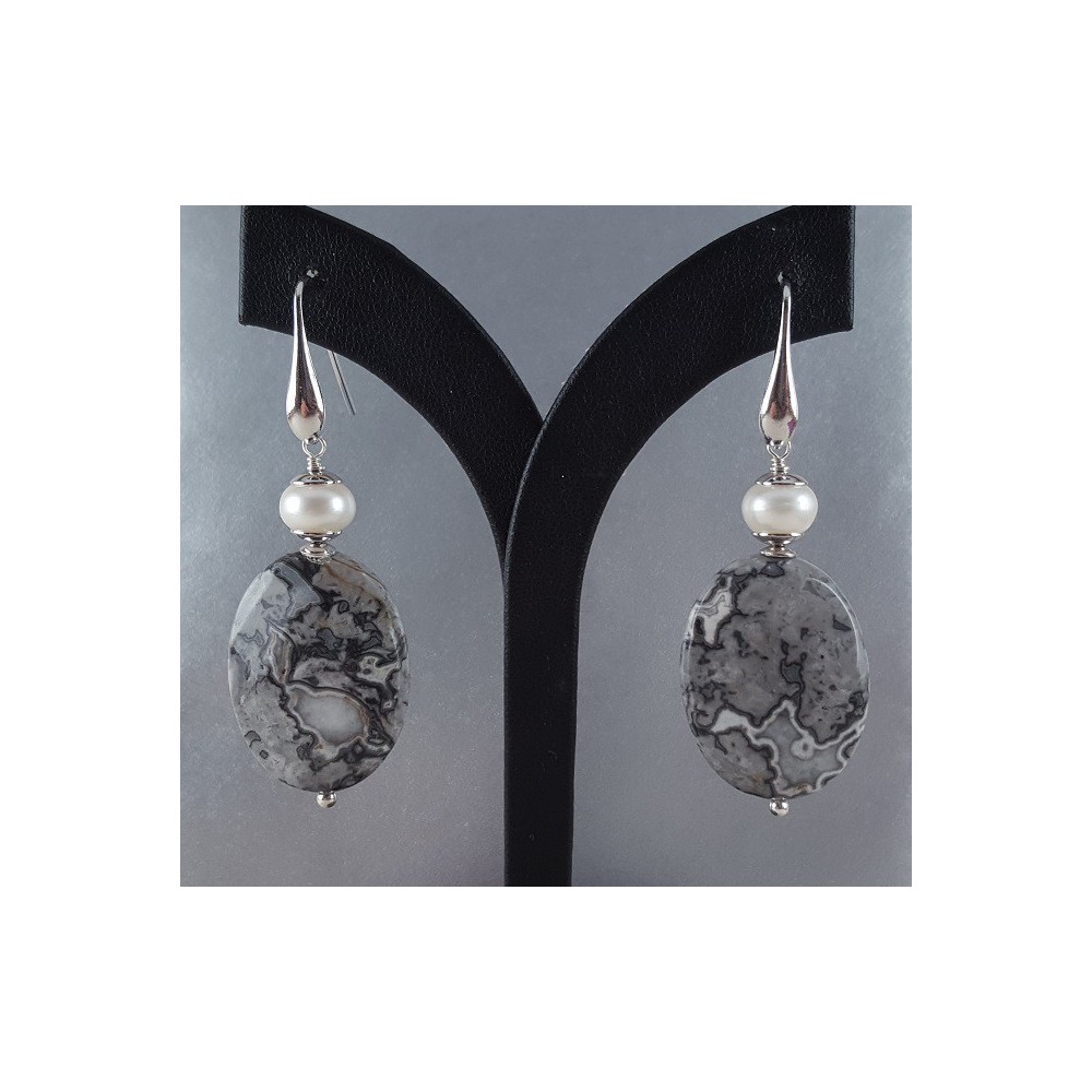 Silver earrings with oval jasper and freshwater pearl