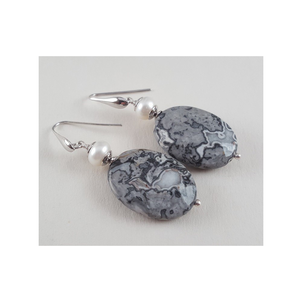 Silver earrings with oval jasper and freshwater pearl