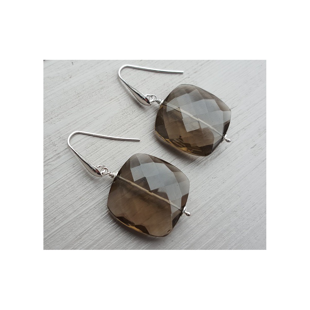 Silver earrings with large square smokey topaz