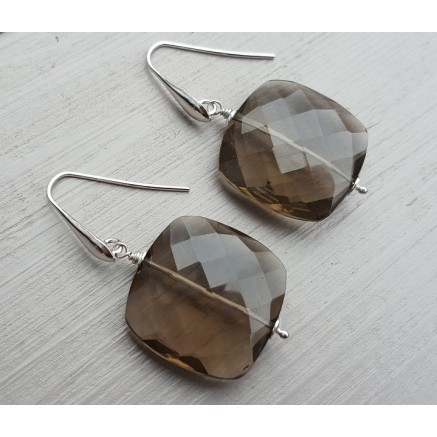 Silver earrings with large square smokey topaz