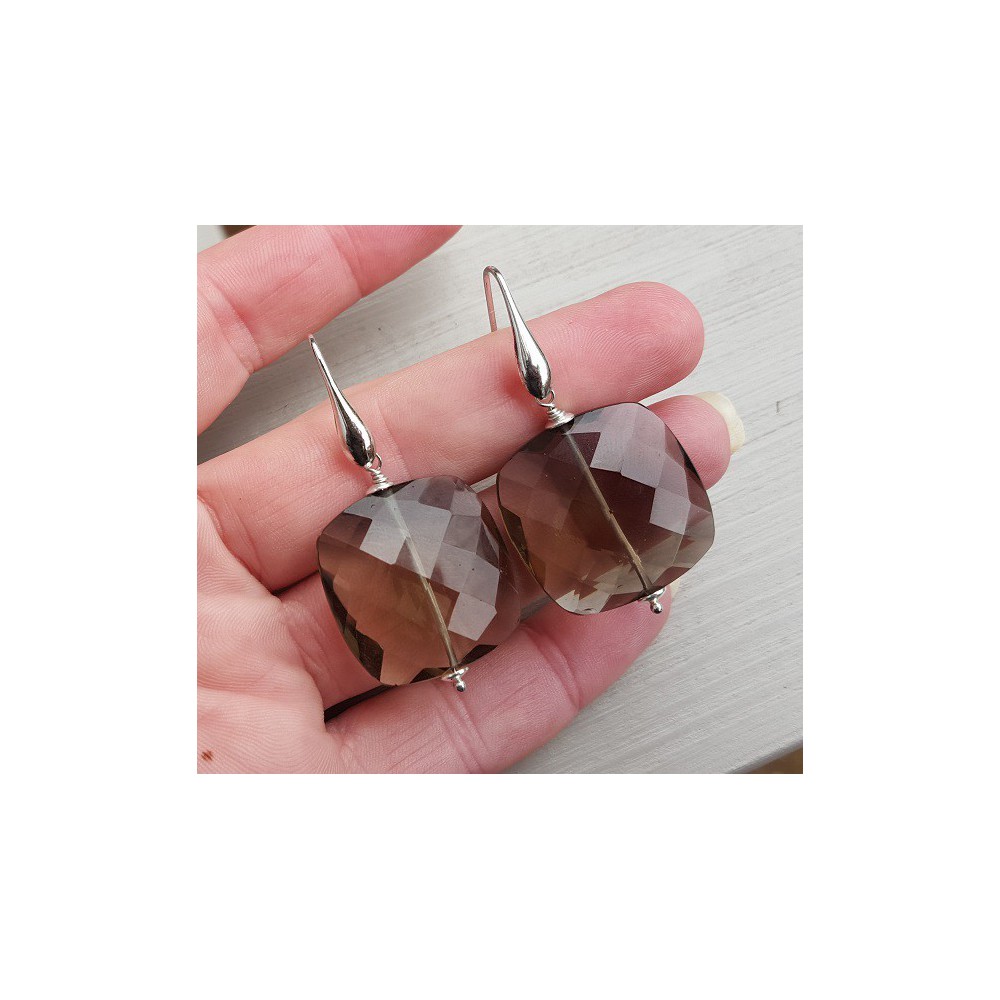 Silver earrings with large square smokey topaz