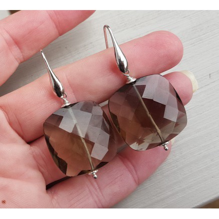 Silver earrings with large square smokey topaz