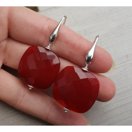 Silver earrings with large square red quartz