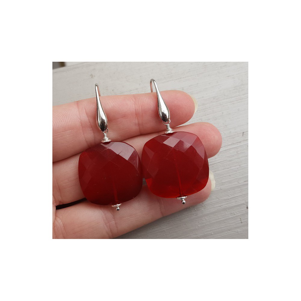 Silver earrings with large square red quartz