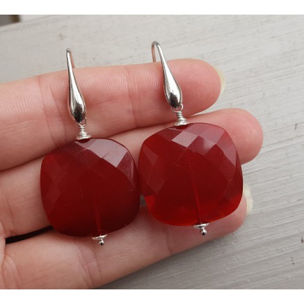 Silver earrings with large square red quartz