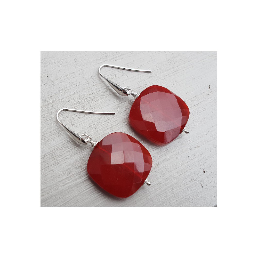 Silver earrings with large square red quartz