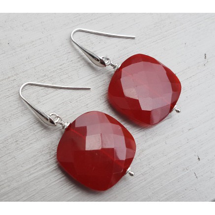 Silver earrings with large square red quartz