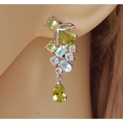 Silver earrings set with peridot, blue topaz and chalcedone