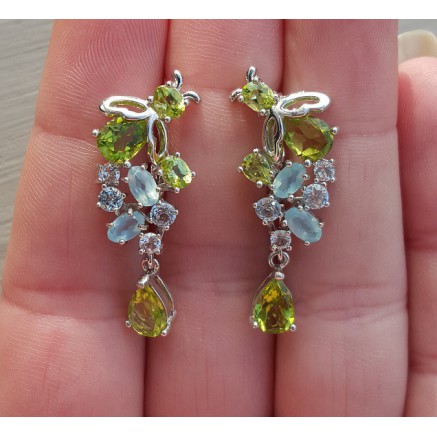 Silver earrings set with peridot, blue topaz and chalcedone