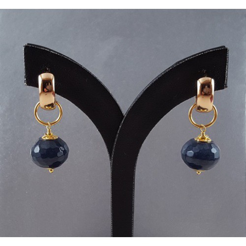 Gold Gilded Creoles With Sapphire Blue Jade