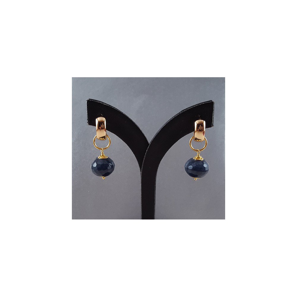 Gold Gilded Creoles With Sapphire Blue Jade