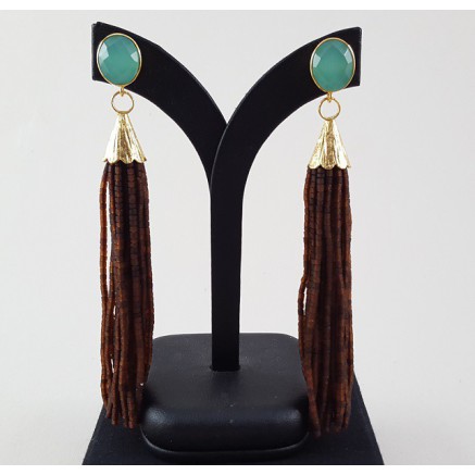 Gold gilded long earrings of brown beads and chalcedone