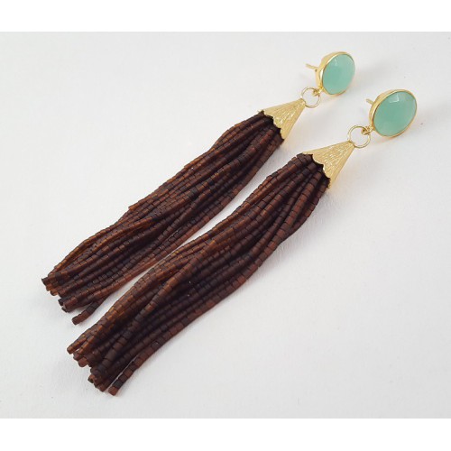 Gold gilded long earrings of brown beads and chalcedone