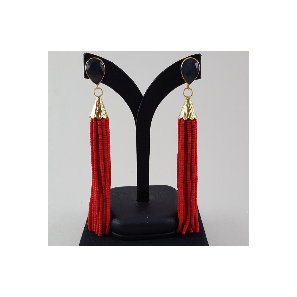 Gold gilded long earrings of red beads and labradorite