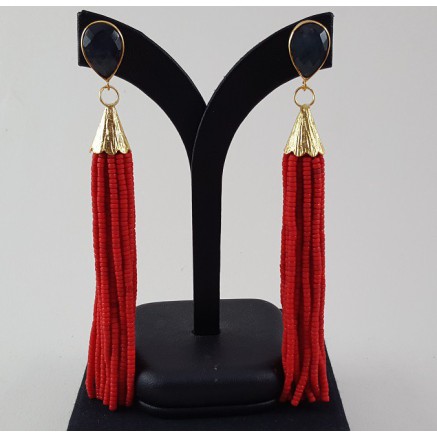 Gold gilded long earrings of red beads and labradorite