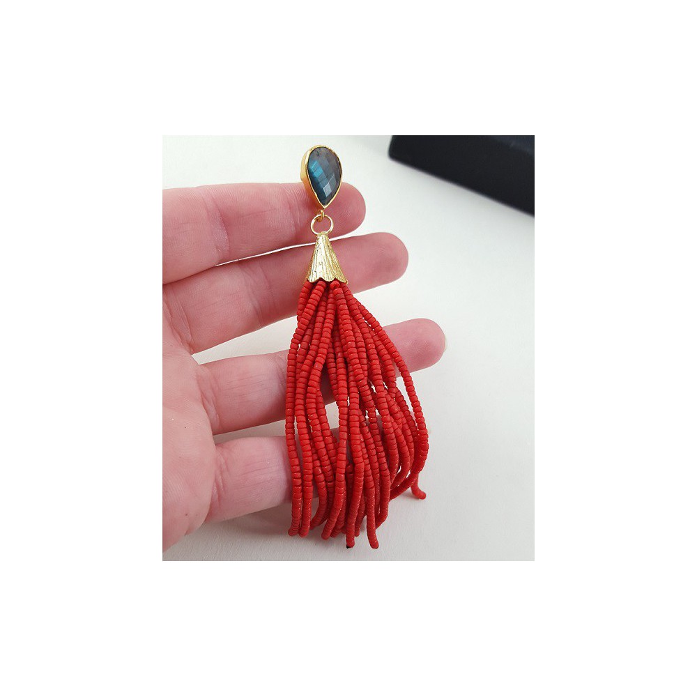 Gold gilded long earrings of red beads and labradorite