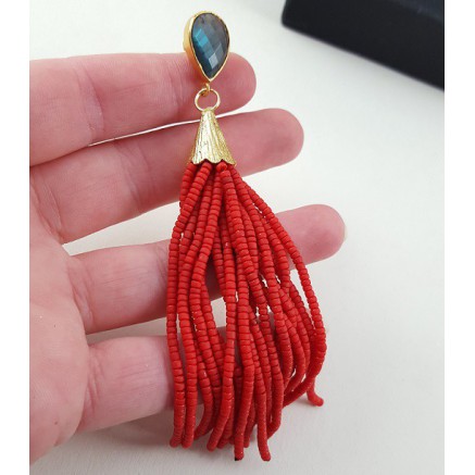 Gold gilded long earrings of red beads and labradorite