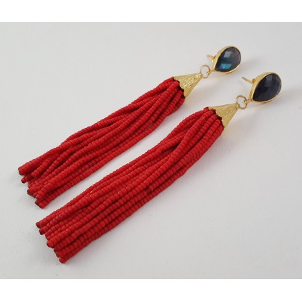 Gold gilded long earrings of red beads and labradorite