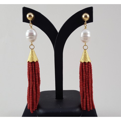 Gold gilded long earrings of red beads and pearl