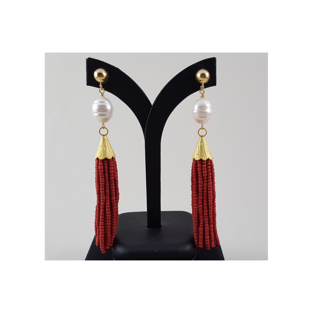 Gold gilded long earrings of red beads and pearl