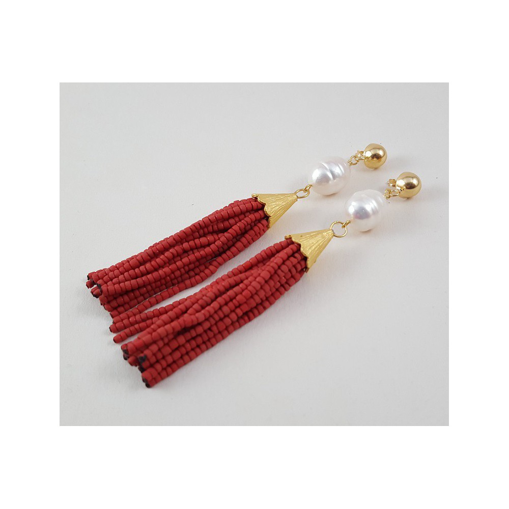 Gold gilded long earrings of red beads and pearl