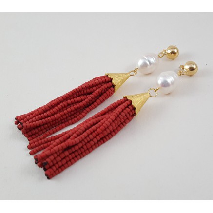 Gold gilded long earrings of red beads and pearl