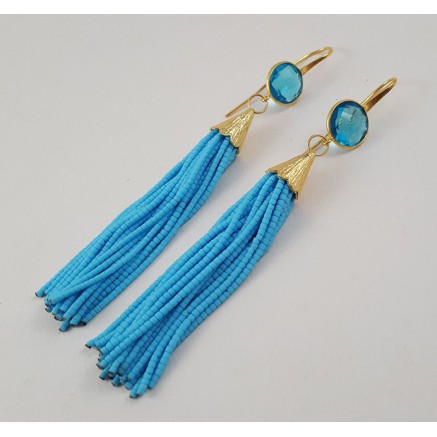 Gold Gilded long earrings of turquoise blue beads and topaz