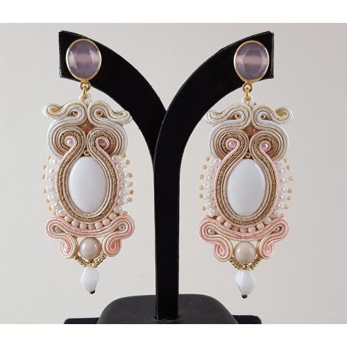 Gilded earrings with pink chalcedone and handmade pendant