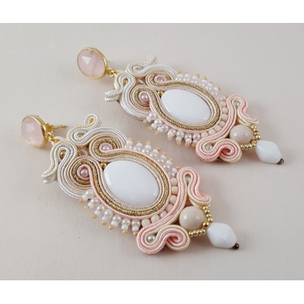 Gilded earrings with pink chalcedone and handmade pendant