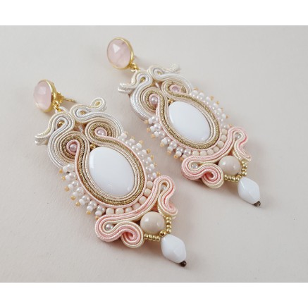 Gilded earrings with pink chalcedone and handmade pendant