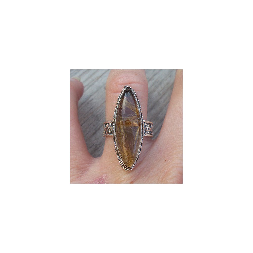 Silver ring Marquise Golden Rutielkwarts edited setting 17 mm