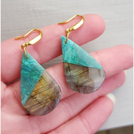 Gold Gilded earrings with Chrysocolla and Labradorite pendant