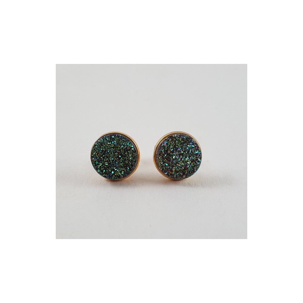 Gold gilded ear buds set with round green druzy titanium