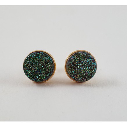 Gold gilded ear buds set with round green druzy titanium