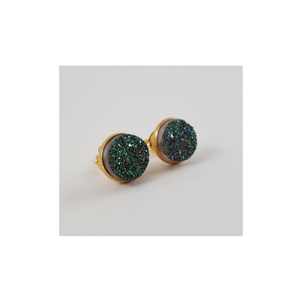 Gold gilded ear buds set with round green druzy titanium