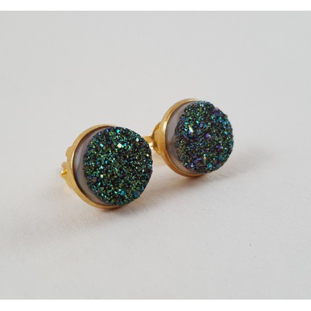 Gold gilded ear buds set with round green druzy titanium