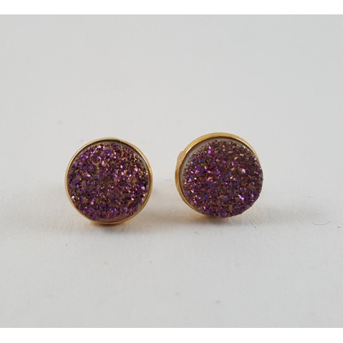 Gold plated ear buds set with round purple druzy titanium