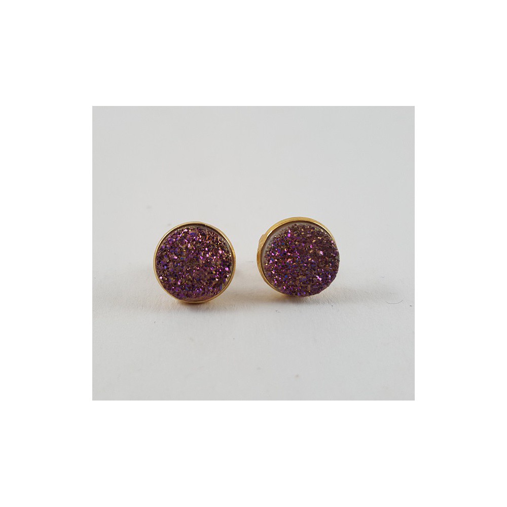 Gold plated ear buds set with round purple druzy titanium