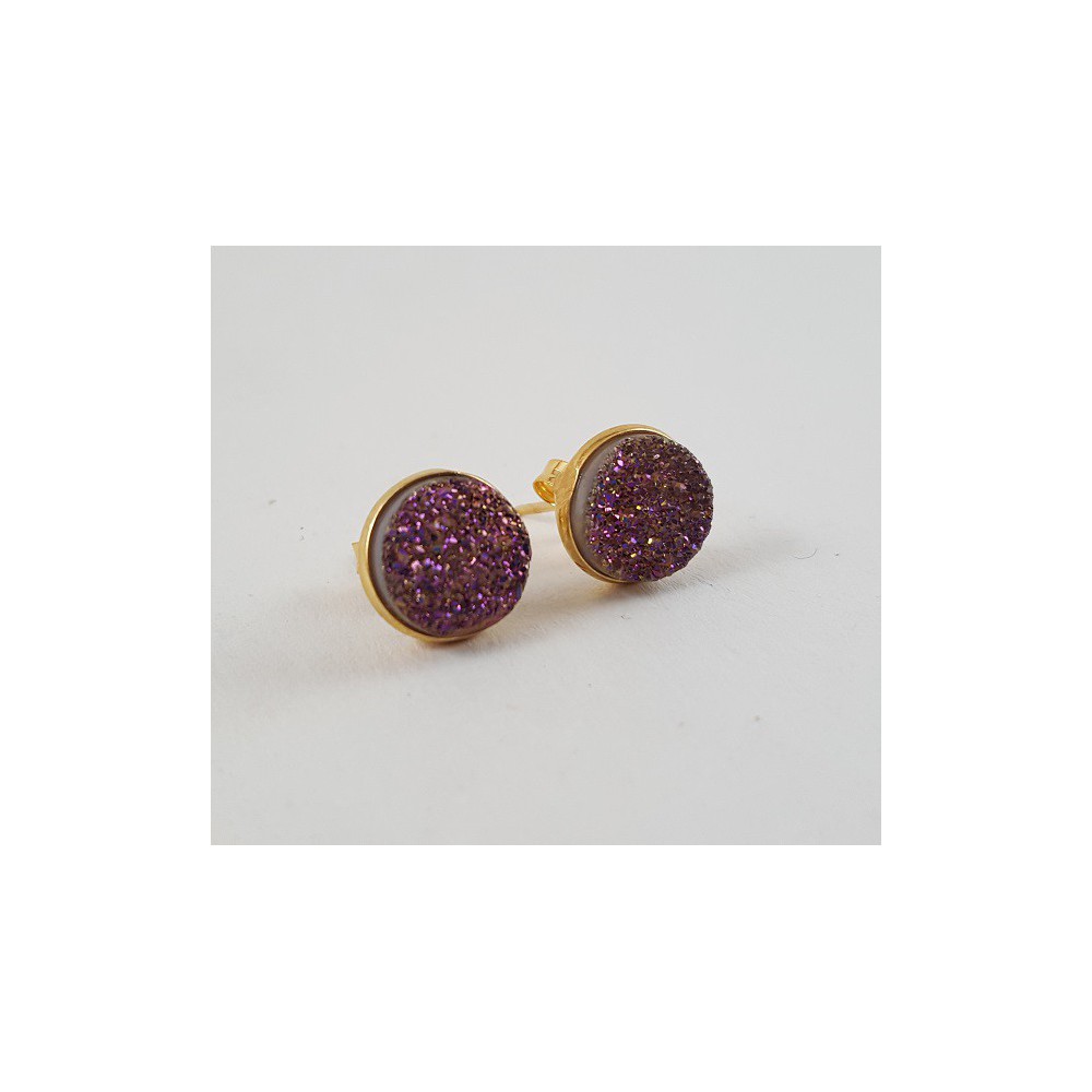 Gold plated ear buds set with round purple druzy titanium