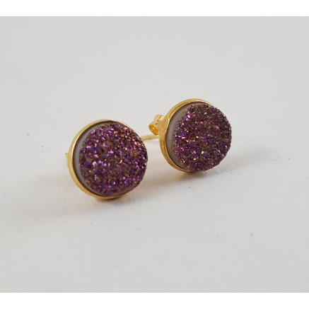 Gold plated ear buds set with round purple druzy titanium