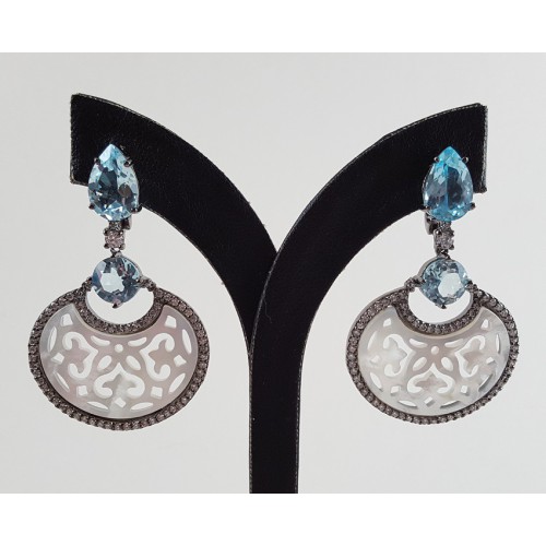 Black gold gilded earrings with blue topaz and mother -of -pearl