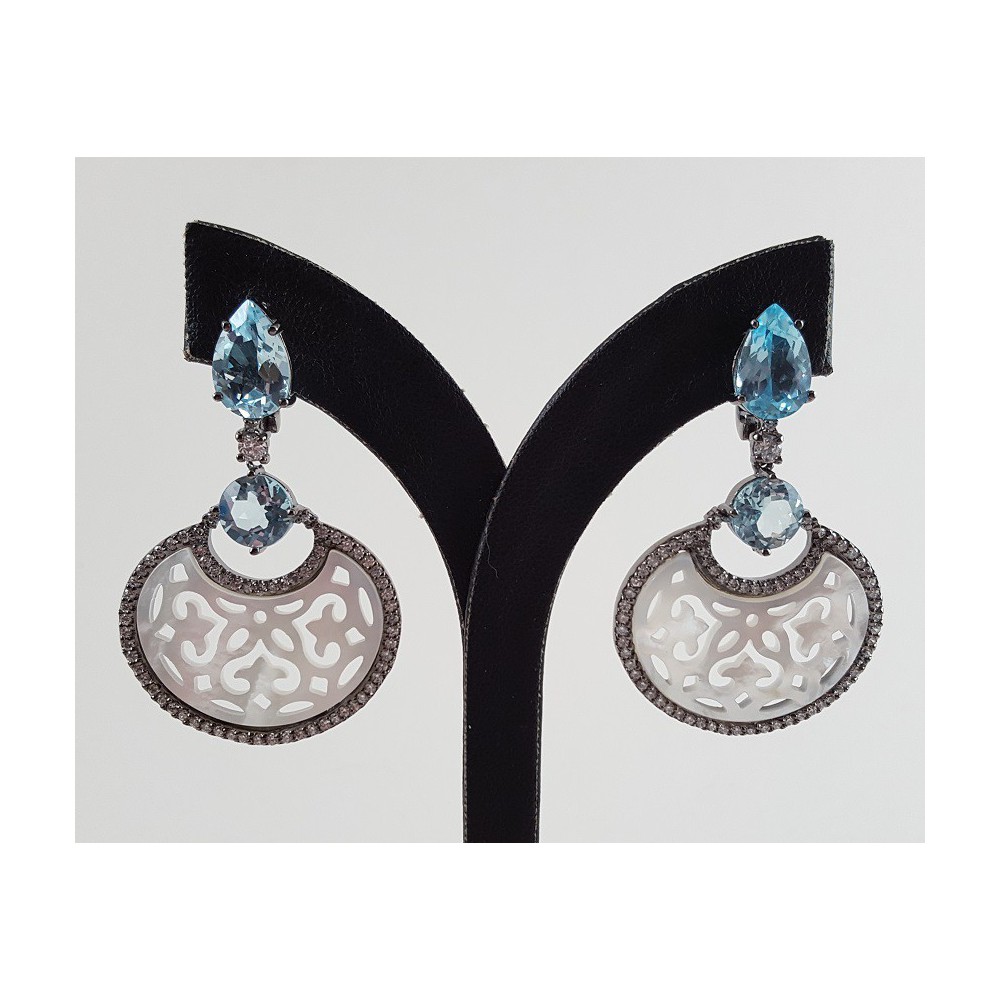 Black gold gilded earrings with blue topaz and mother -of -pearl