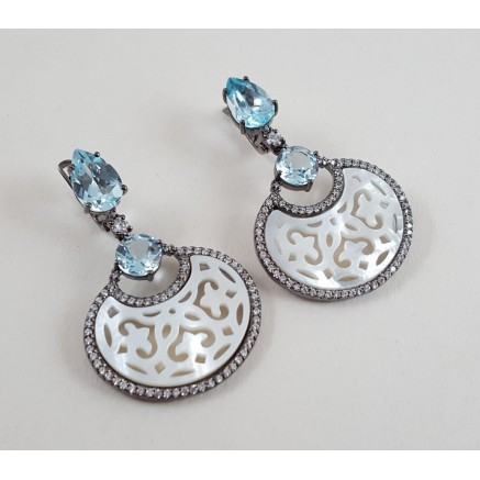 Black gold gilded earrings with blue topaz and mother -of -pearl