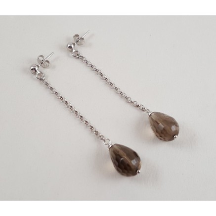 Silver long earrings with smokey topaz