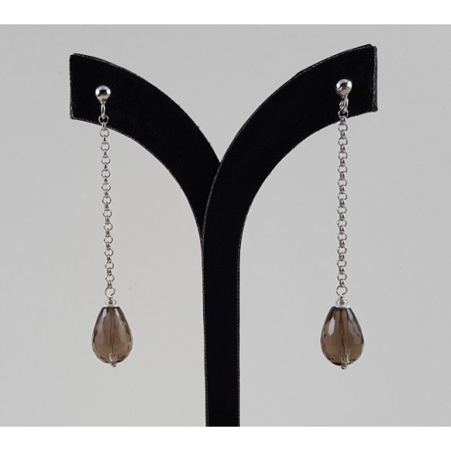 Silver long earrings with smokey topaz